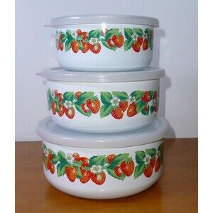 Kobe Kitchen Enamel Metal Mixing Bowls Set Of 3 Strawberry Vintage With Lids